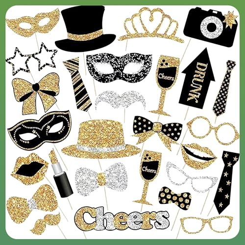 YSDMY 30 Pcs Photo Booth Props,Photo Props Set,Party Decorations for Halloween,Christmas,Family Reunion, Class Reunion, Birthday, Weddings, Prom Disco Mardi Gras Party Supplies