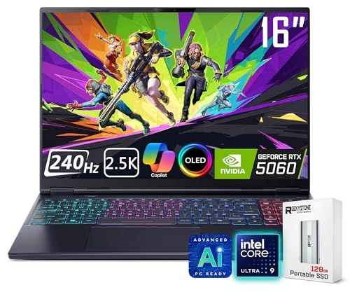 Acer Predator Helios Neo 16S AI Gaming Laptop, 16 240Hz 2.5K OLED, Intel Core Ultra 9 275HX, NVIDIA GeForce RTX 5060, VR Ready, Copilot, Liquid Cooling, Black, Windows 11 Pro(16GB DDR5 RAM | 1TB SSD)