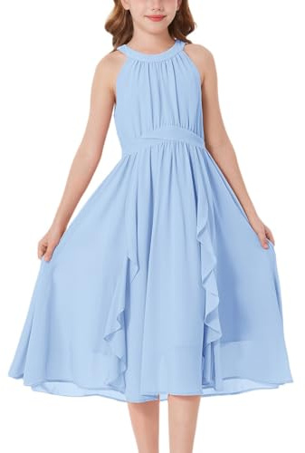 GRACE KARIN Girl's Chiffon Dress with Halterneck and Vertical Ruffles, A-Line for Formal and Summer Events Light Blue 10 Yesrs