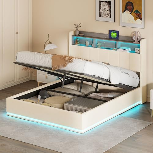 MEXUS Lit Coffre 140 x 190 cm avec Ports de Charge USB et lumière LED, Lit Double Rembourré avec Rangement et sommier à Lattes, 2 Personnes pour Adultes et Adolescents, Velours (Beige, 140 x 190cm)