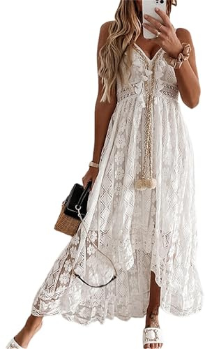 Kfsghdnz Women's Boho Lace Maxi Dress V Neck Tassel Trim Spaghetti Strap A-Line Irregular Hem Flowy Sundress for Summer Beach Holiday