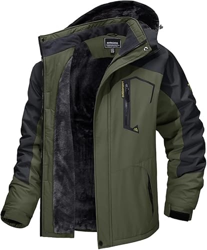 MAGCOMSEN Mens Winter Jacket - Waterproof Fishing Coat, Rain Jacket, Snowboard & Skiing Coat - Warm Hooded Army Green