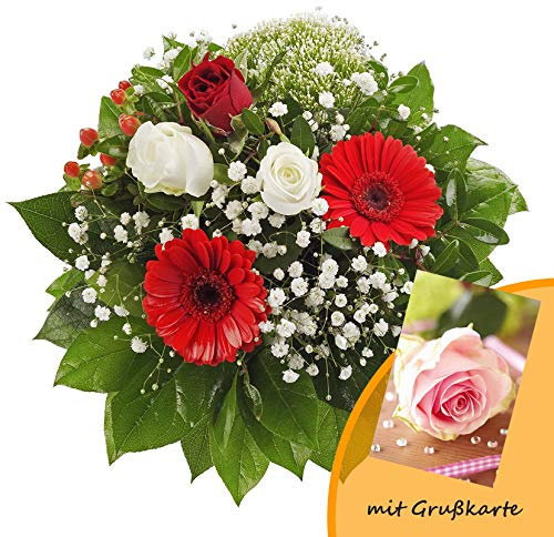 Dominik Blumen und Pflanzen, Blumenstrauß Gruß von Herzen mit Rosen, Gerbera und Johanniskraut und Grußkarte Rosen