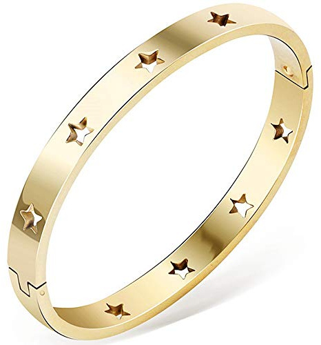 Jude Jewelers Stainless Steel Stars Open Clasp Classical Plain Bangle Bracelet (Gold)