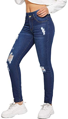 Onsoyours Femme Jeans Déchiré Push Up Skinny Slim Fit Stretch Boyfriend Denim Jean Troué Pantalons Crayon Taille Haute Jeggings Pants Casual Rétro Bleu Large