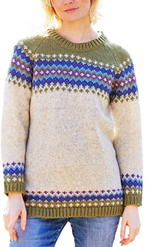 Pachamama kvinnor ulljumper handstickad Fair Isle naturliga färger handgjord tjock varm pullover tröja Fair Trade, Oliv, L