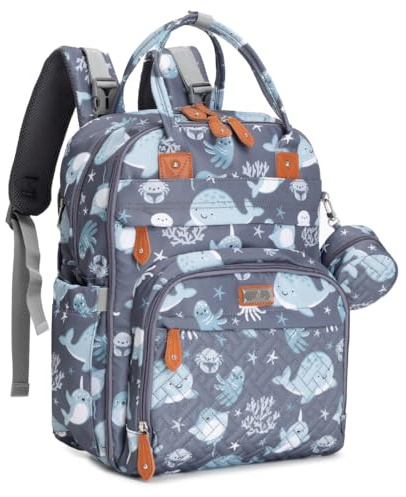 BabbleRoo Diaper Bag Backpack - Baby Essentials Travel Tote - Multi Function Water Resistant Diaper Bag, Travel Essentials Baby Bag with Changing Pad, Stroller Straps & Pacifier Case - Sea Animals