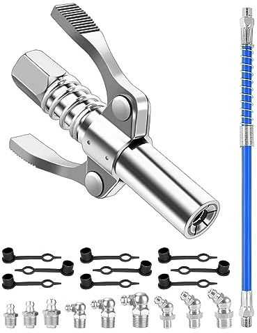 Fettpresse Mundstück, Doppelgriff G Coupler Schnellverriegelung Lösen Fettpresse Kupplung mit 30cm Schlauch + 9PCS M6 M8 M9 M10 Schmiernippel, Schmierfett Coupler für Fettpressen alle Autos,12000PSI