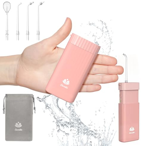 Irrigador bucal portátil para dientes, púas de hilo dental de viaje, mini irrigador oral inalámbrico recargable con tanque de agua telescópico, IPX7 impermeable para soporte y cuidado de dientes