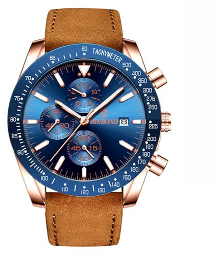 JewelryWe Leather Wristwatch for Men: Waterproof Genuine Leather Luminous Quartz Calendar Multifunctional Casual Business Watches for Christmas