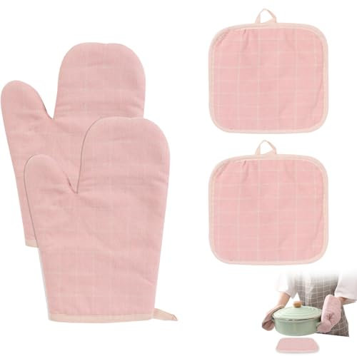 Guittly Ofenhandschuhe Topflappen 4er Set Hitzebeständig Rutschfest, Vintage Rosa, Verdickte Topfhandschuhe aus Baumwolle für Küche, Kochen, Backen