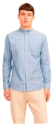 Jprbrook Oxford T-Shirt L/S Noos, Chambray Blue/Stripes : Coupe ajustée, XS
