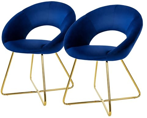 ML-Design matsalsstolar set om 2 blå sammet, vardagsrumsstol med runt ryggstöd, stoppad stol med gyllene metallben, ergonomisk matbordsfåtölj, köksstol skalstol toalettbordsstol