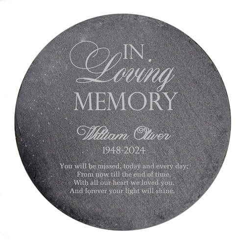 GiftsForYouNow Engraved in Loving Memory Personalized Memorial Garden Stone, 10 in Diameter, Headstone, Temporary Grave Marker, Sympathy Gift Round Slate