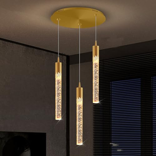 kaixunl Mini lámpara de araña de cristal dorado, lámpara colgante LED integrada para isla de cocina, iluminación colgante de 3 lámparas con control remoto