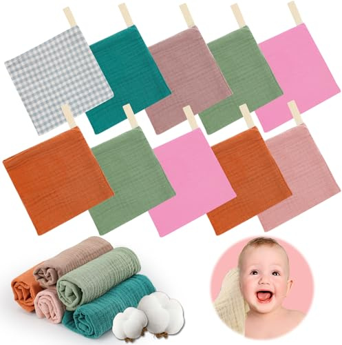 Aohcae 10 Stück Baby Musselin Waschlappen, 23x23CM Baby Waschlappen Baby Spucktücher Baby Gesichtstücher und Badetuch 100% Baumwolle Weich Atmungsaktiv Für Babys Jungen Mädchen