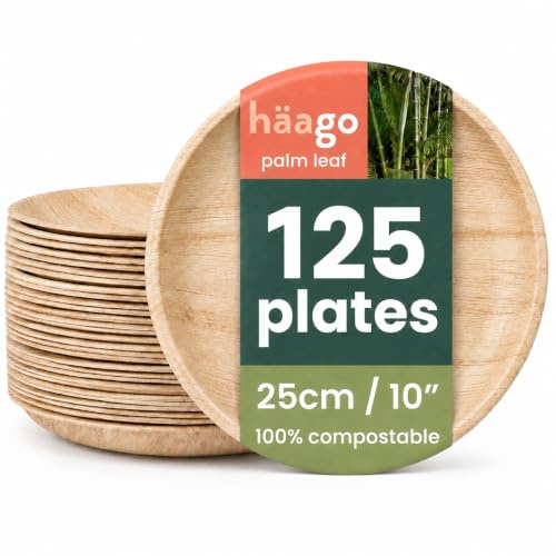 HAAGO 125 Disposable Palm Leaf Plates 10 Inch / 25cm – Large Dinner Plates | Compostable, Biodegradable - Strong Bamboo-Look Wooden Plates for Hot & Cold Food - Microwave, Oven & Freezer Safe