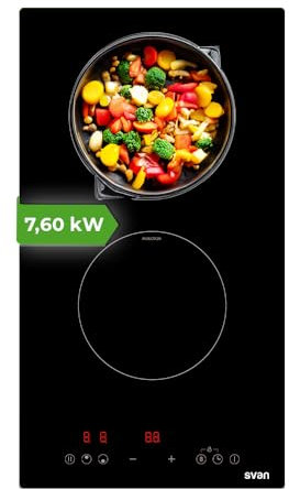 Svan Placa de Inducción Cristal negro SI2301. Potencia máx. 3500 W, 2 Zonas de Cocción, 9 Niveles de Cocción, Control Táctil, Función Turbo, Bloqueo y Autodesconexión de Seguridad