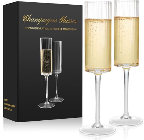 Qulable Champagne Flutes Set of 2 - Elegant Champagne Glasses for Champagne, Prosecco, Wedding Engagement Gifts for Women, 210ml Vertical Stripe Glasses for Anniversary, Christmas (2, Wide Stripe)