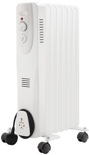 Cliselda 1500W White Oil Filled Radiator with Thermostat, 7 Fin Portable Electric Oil Heater for Home Low Energy, Free Standing, Overheat Protection, Tip Over Switch