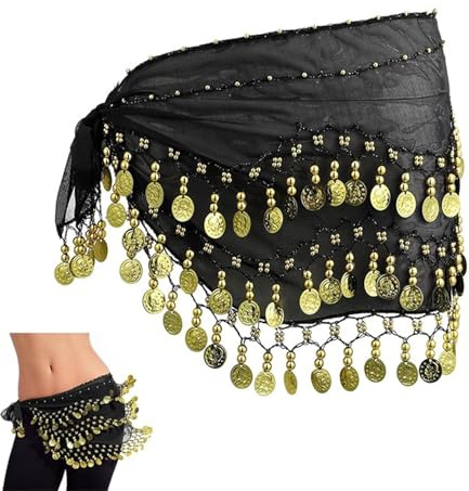 JINJUMEI Noir Belly Dance Foulard Femme, Fille Foulard Danse du Ventre mit 72 Pièces de Monnaie Belly Dance Costume Professionnel Déguisement, Ceinture Danse du Ventre Ethnique