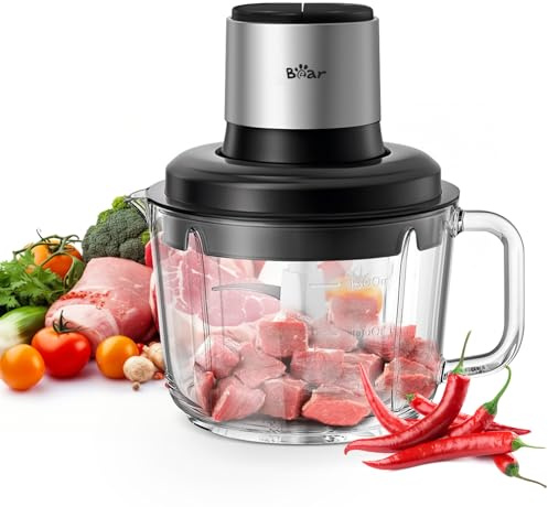 Bear Food Processor, Electric Food Chopper with 8 Cup/2L Handheld Glass Bowls, No-Hole 4 Bi-level Stainless Steel Blades for Easy Cleaning, 2 speed 400W Power Motor Grinder for Meat, and Baby Food