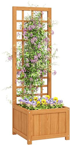 Outsunny Letto per Orto Rialzato da Esterno con Grigliato, Fioriera da Esterno con Foro di Drenaggio e Fodera Traspirante in Legno di Abete, per Fiori e Verdure, 40x40x120 cm, Marrone Chiaro