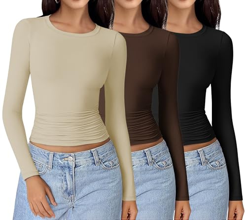 Ekouaer Langarmshirt Damen Seitlich Gerüscht Themroshirt | Rundhals, Longsleeve 3 pack Set, Basic Tops, Thermo Oberteil, Slim Fit, Atmungsaktives Baselayer für alltag & outdoor