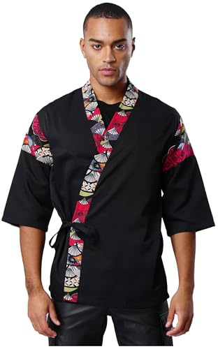 Sinleey Homme Femme Veste de Chef Sushi Kimono Japonais Imprimé Floral Blouse de Travail Restaurant Pâtisserie Rouge Noir L