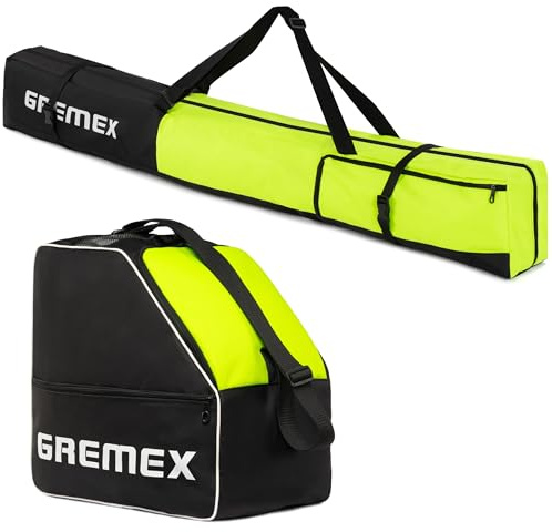 GREMEX Juego de funda de esquí de 180 cm y bolsa para zapatos de esquí - bolsa impermeable con asiento para casco - funda resistente para equipo de esquí