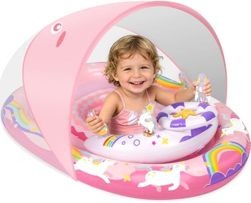 ACELIFE Anello da nuoto per bambini, Anello da nuoto per bambini unicorno con UPF50+ tettuccio solare rimovibile, Aiuto per il nuoto con spalline regolabili, Allenatore di nuoto, con galleggiante