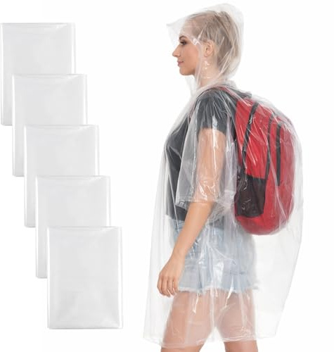 Poncho de Pluie Lot de 5 Transparent Cape de Pluie pour Homme et Femme | Transparents, boutons pression, léger et compact, pour festival, camping, randonnée, vélo, voyage et pluie soudaine