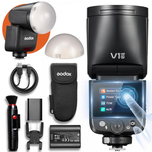 Godox V1 mid S TTL-blixt för Sony, 55Ws, med AK-R11 kupoldiffusor | 2-tums färgpekskärm, 1,7s uppladdning och cirka 650 blixtar på full effekt för fotografering på plats