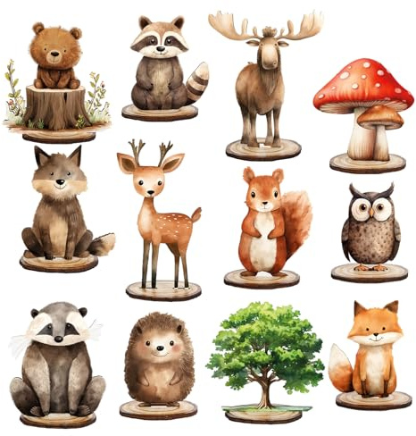 Tazuxetuqe 12 Pezzi Animali della Foresta in Legno Cartello da Tavolo Adorabile Figure Animali del Bosco con Base Vassoio A Gradini Decorazione per Fattoria Compleanno Ne
