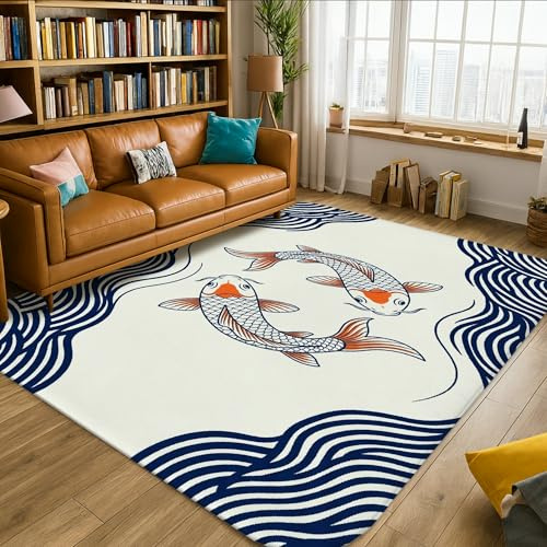 Tappeto a forma di pesce di carpa, onde minimaliste giapponesi con acqua primaverile, bianco, bordo antiscivolo, tappeto rettangolare per la casa, tappeto per soggiorno, camera da letto, sala da