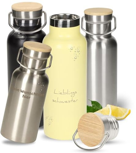 Edelstahl Trinkflasche personalisiert - BPA-freie Wasserflasche 500ml für Kinder & Erwachsene - Doppelwandig für Kalt- & Heißgetränke - Isolierflasche ideal für Sport, Schule & unterwegs (zitrone)