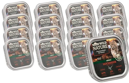 Dehner Wild Nature Katzenfutter Hochmoor, Nassfutter getreidefrei / zuckerfrei, für ausgewachsene Katzen, Ente / Pute, 16 x 100 g Schale (1.6 kg)