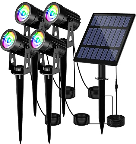 T-SUN Spot Solaire Extérieur 4 EN 1 Lampe Solaire Exterieur Couleur 2 Modes d'Éclairage RGB Lumière Solaire de Jardin Etanche IP65, 3 Mètres Cable, Eclairage Exterieur Solaire pour Jardin, Chemin