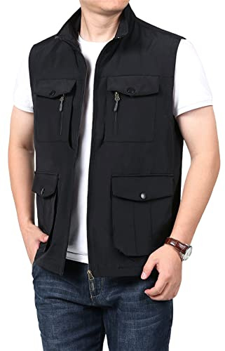 LOUECHY Men's Travel Vest Multi Pockets Utility Vest Lightweight Sleeveless Jacket for Hiking Fishing Golf, Black, XL
