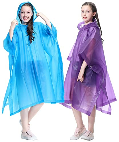 RUISHYY Rain Poncho for Kids (2 Pack), Reusable EVA Children Raincoat Ponchos Rain Jacket with Hood for 6-14 Girls Boys (Purple+Blue)