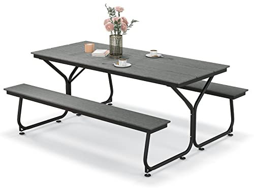 COSTWAY Bierzeltgarnitur 183 cm, Biertischgarnitur Holzoptik, Biertisch mit HDPE-Tischplatte, Schirmloch & Metallrahmen, Festzeltgarnitur Sitzgarnitur für Garten, Terrasse, Hof (Grau)