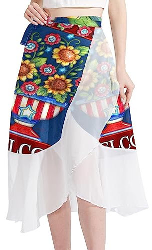 Beach Sarong, Womens Semi-Sheer Swimwear Cover Ups Boho Skirt, Vintage Style Flowerpot Sunflower Garden