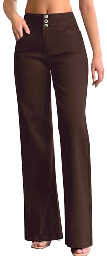 roswear Women's Wide Leg Jeans Casual High Waisted Stretch Baggy Loose Denim Pants, Brown, M
