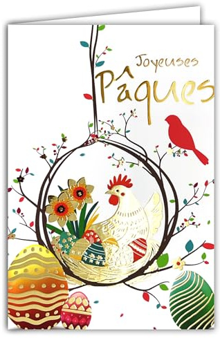 62-1027 Carte Joyeuses Pâques en Or Doré Brillant avec Enveloppe 12x17,5cm Illustration Poule qui couve des Œufs peints Nid Jonquilles Fête Printemps Création Édition Impression Fabrication Française
