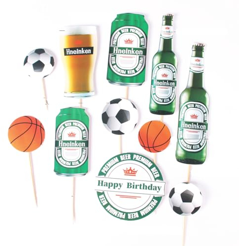 Houhounb 5 Sätze Grüner Bierflasche Tortendekoration Basketball Fußball Cake Topper Happy Birthday Kuchendekoration für Sommer Cool Thema Birthday Party Dekorationen