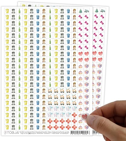 TOBJA Kalender Sticker Set - 2 Bögen mit 560 Aufkleber Kalender | Enthält Sticker für Mülltrennung, Arzttermine, Geburtstage, Weihnachten und mehr | Perfekt als Sticker für Kalender und Abfallkalender