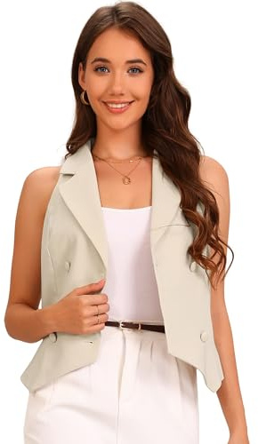 Allegra K Gilet à Revers Cranté Femmes Double Boutonnage Col en V Vêtements de Travail Gilet de Costume Blazer sans Manches de Business Abricot XS