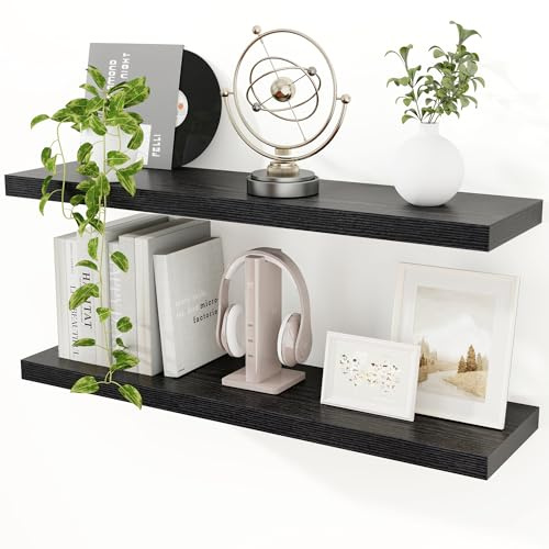 Mensole galleggianti nere da parete, 90 cm, in legno, da parete, 23,5 cm, grandi mensole portaoggetti per bagno, cucina, soggiorno, 91 cm di larghezza x 23,5 cm di profondità x 3,8 cm di altezza, set