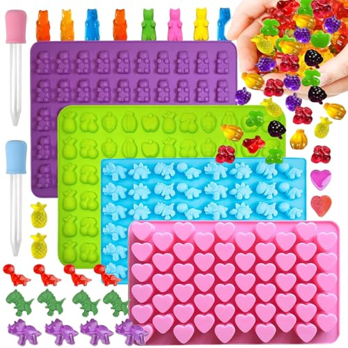 Silicone Candy Mold Kit - 219 Mini Cavities with 2 Droppers -Gummy Bear, Fruit, Dinosaur, Heart Molds,-Food Grade Flexible Molds for Gummies/Chocolate/Candies -4pc Baking Essentials for Party Treats.