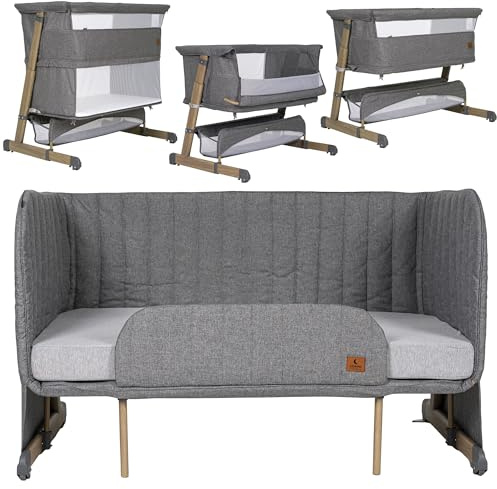 Olmitos – Cuna Bebe multifunción Colecho 4 en 1 Cama Infantil SOMNI evolutiva – Minicuna Convertible y Parque de Juegos 2 Niveles – Sofa Infantil Colchón viscoelástico 15cm con Barrera (Gris)